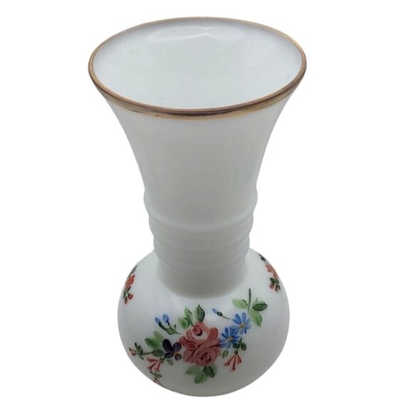 Vintage MCM Milk Glass Hand Painted Floral Ball Vase Gold Trim Ribbed Neck - Picture 2 of 7